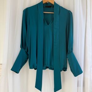 New York & Company Elegant Teal Tie-Neck Blouse